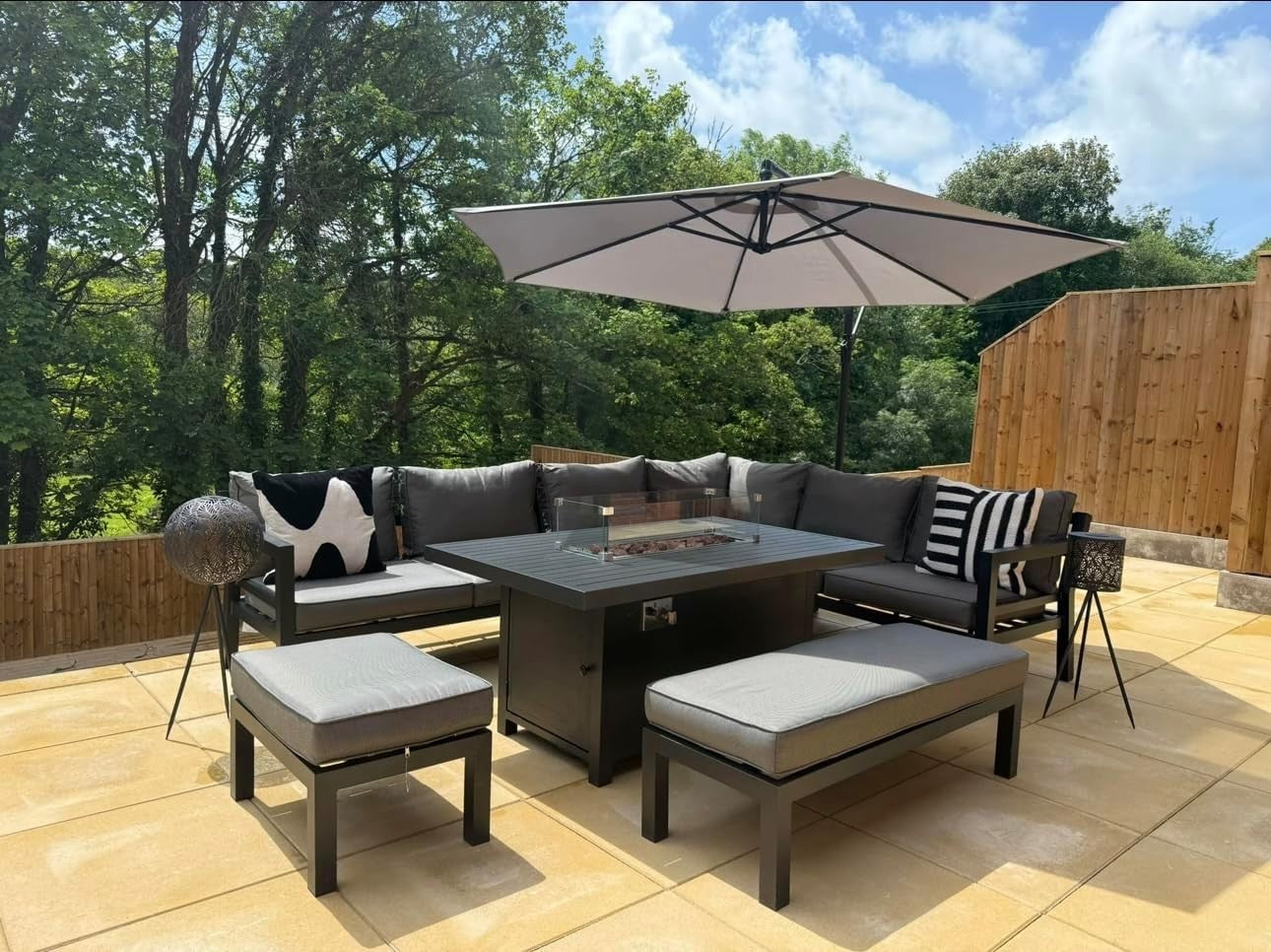 Corner Garden Sofa Set with Fire Pit Table Outdoor Aluminium Lounge Set