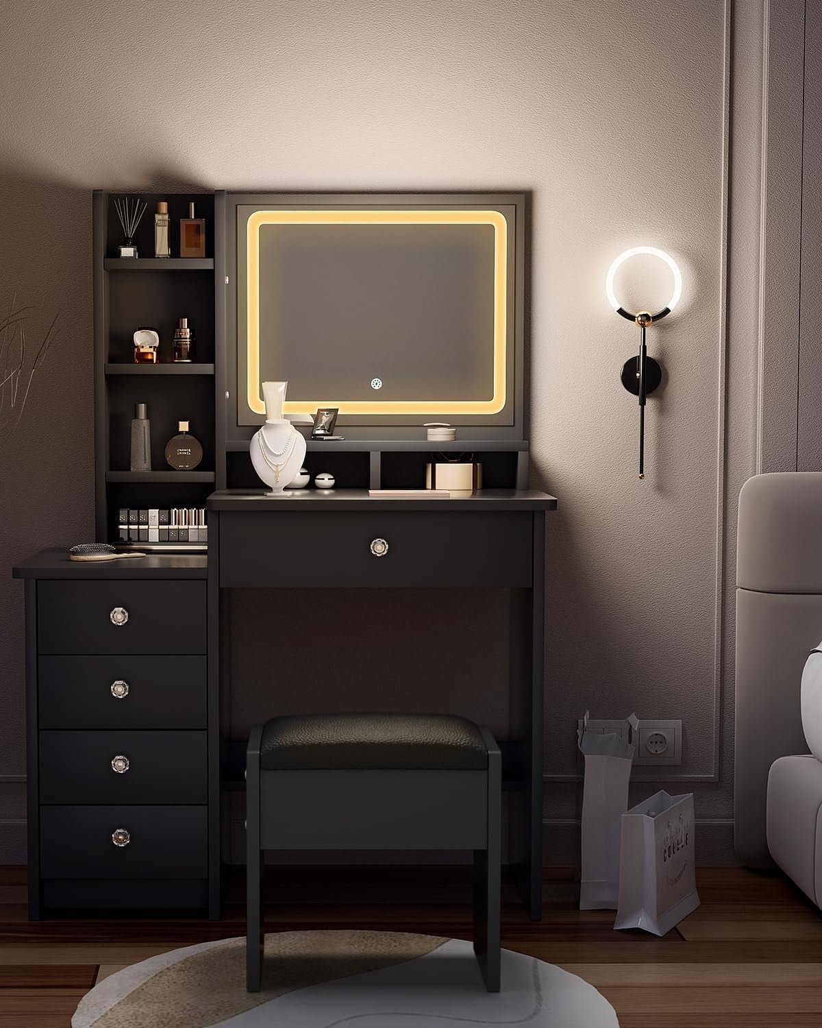 Black Vanity Table LED Mirror 5 Drawers Makeup Desk Dressing Table Stool Set