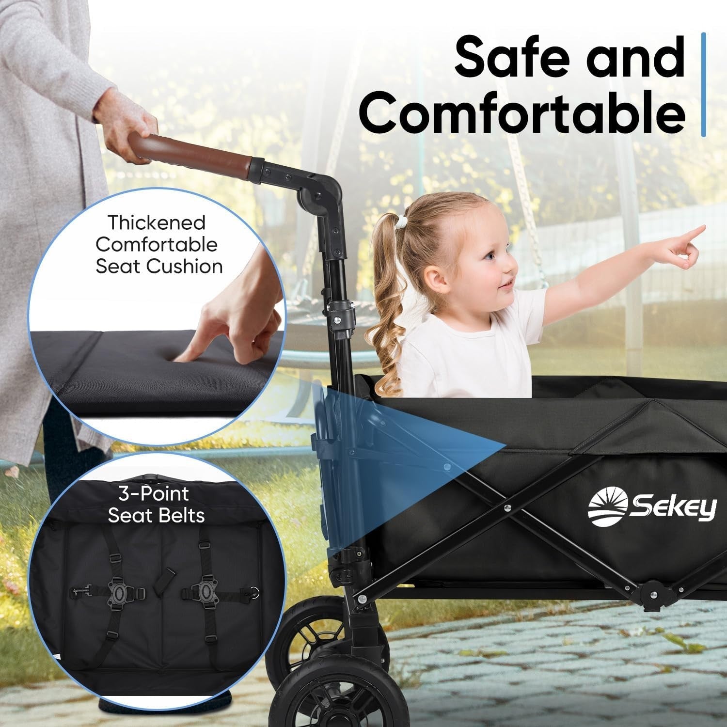 Black Kids Folding Wagon with Canopy Shockproof Wheels 100kg Family Transport