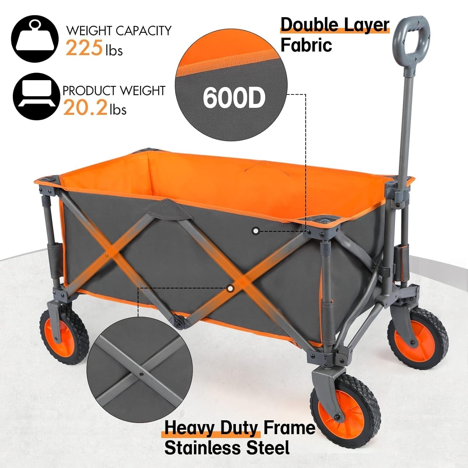Dark Grey Folding Utility Wagon Heavy Duty Outdoor Trolley Cart 225lbs Capacity
