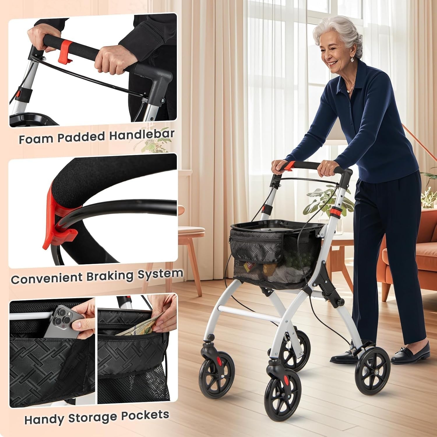 Lightweight Folding Rollator Walker 4 Wheel Basket Brakes Narrow White