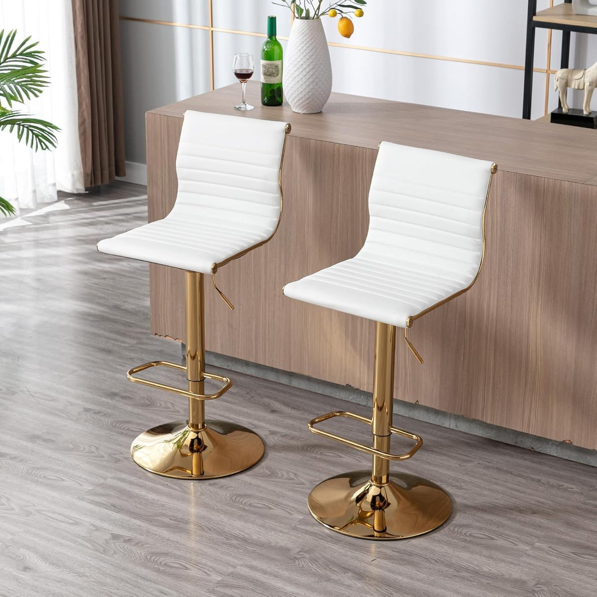 Adjustable White PU Leather Bar Stools Set of 2 Swivel Kitchen Counter