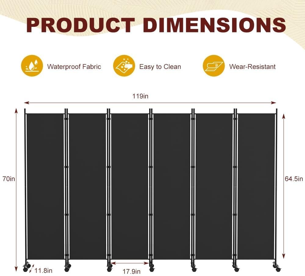6 Panel Room Divider Folding Privacy Screen with Lockable Wheels – Large Black P