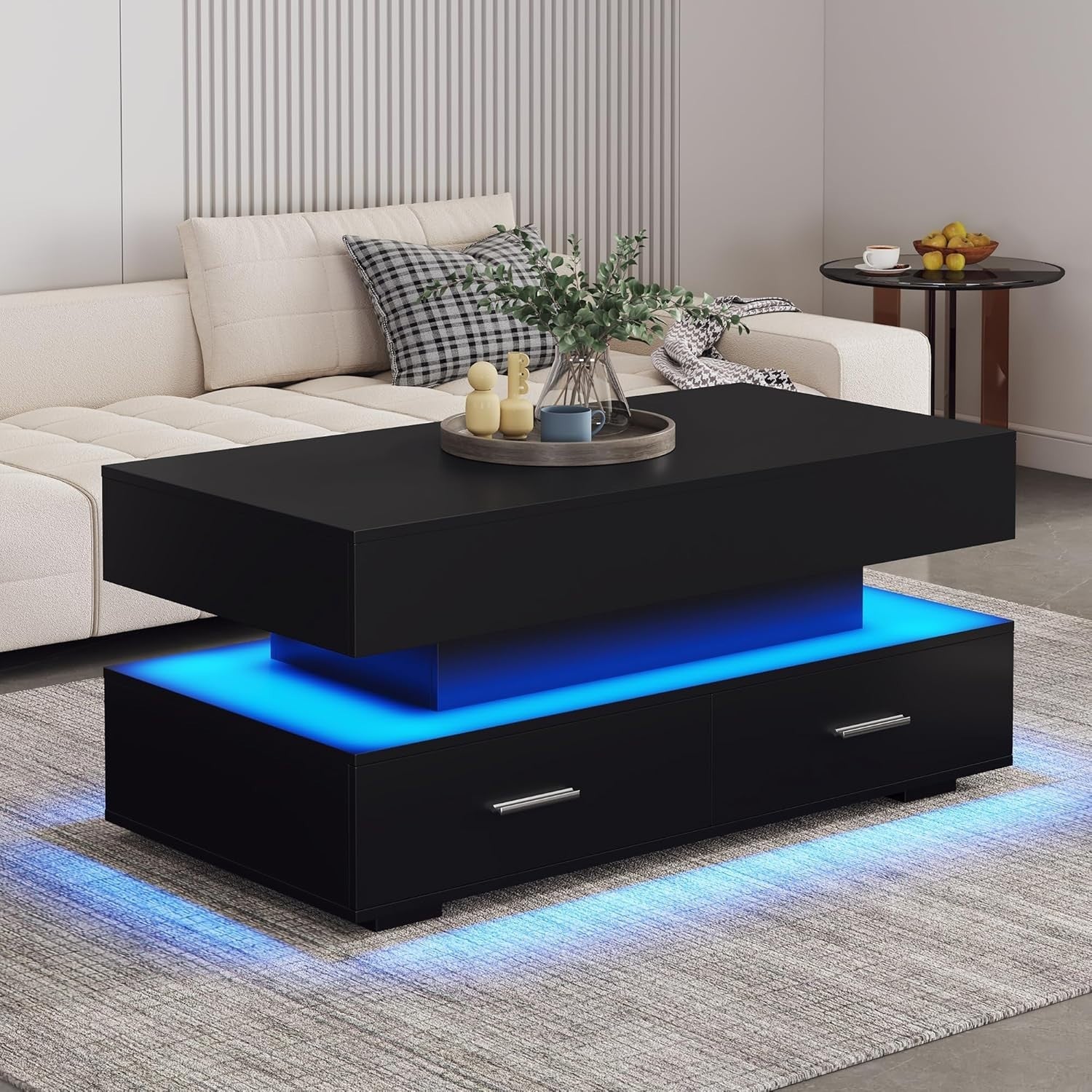 Modern LED Lift Top Coffee Table with Storage & Drawers, Adjustable Height