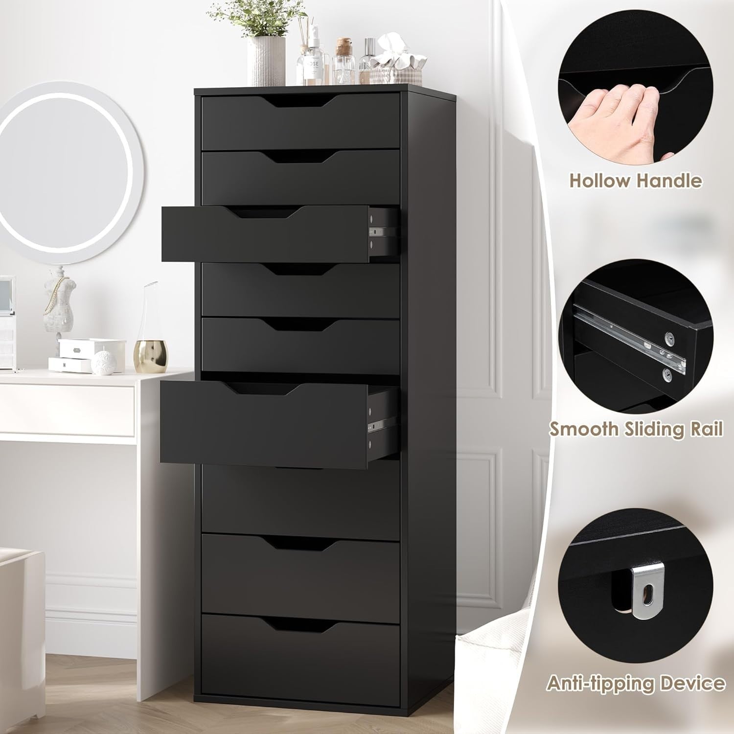 Tall Black 9 Drawer Chest Storage Cabinet Dresser Unit 124x45x40cm Modern