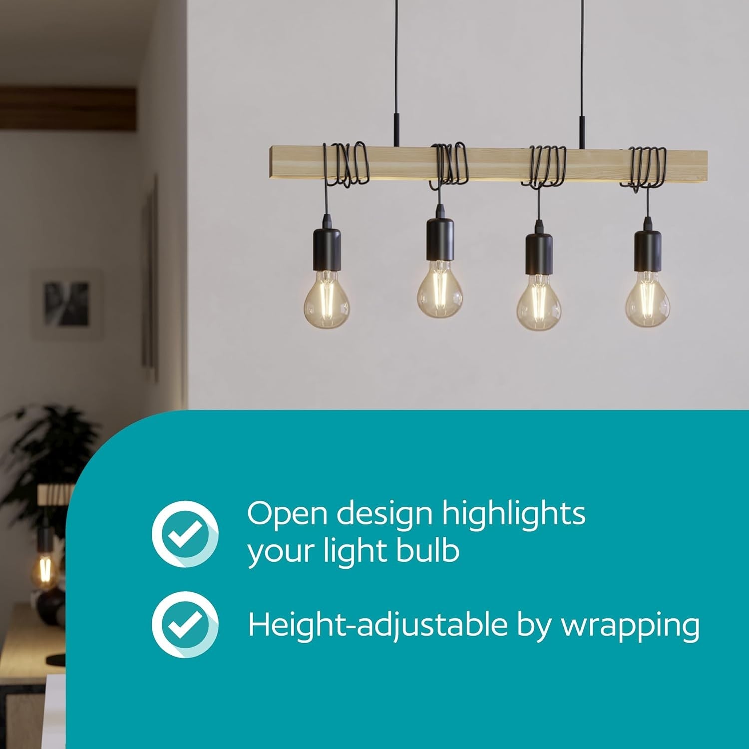 4 Light Wooden Pendant Ceiling Light Vintage Industrial E27 Bar Hanging