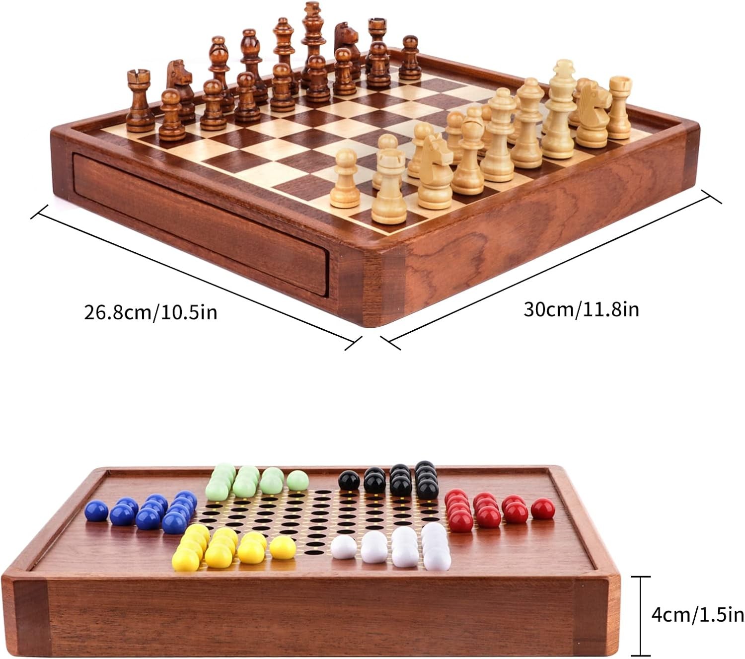 2-in-1 Wooden Magnetic Chess & Chinese Checkers Set with Storage Drawer