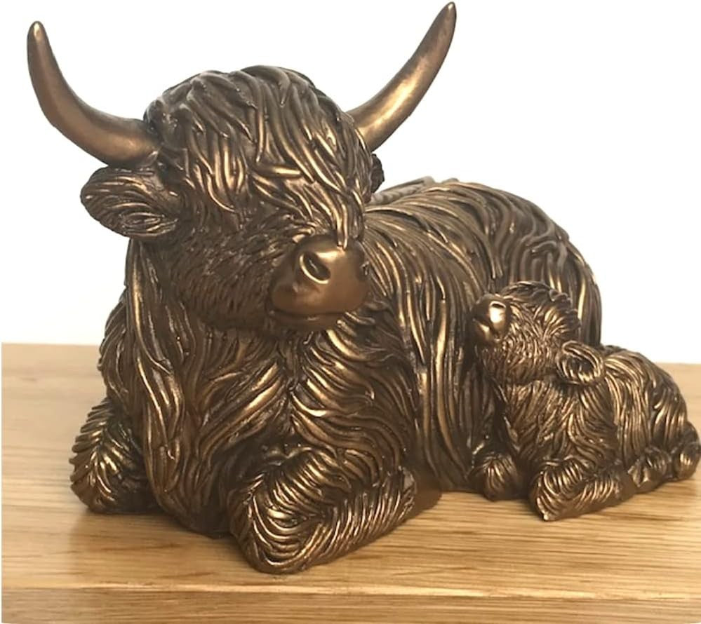 Bronzed Highland Cow & Calf Ornament | Rustic Farmhouse Resin Figurine Decor