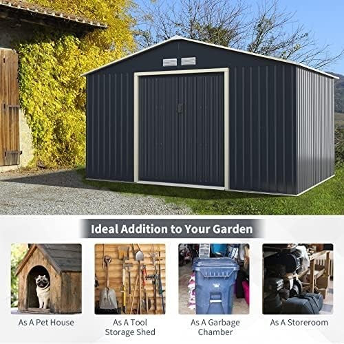 Metal Garden Shed 11x8FT Outdoor Storage with Sliding Doors & 4 Air Vents Grey
