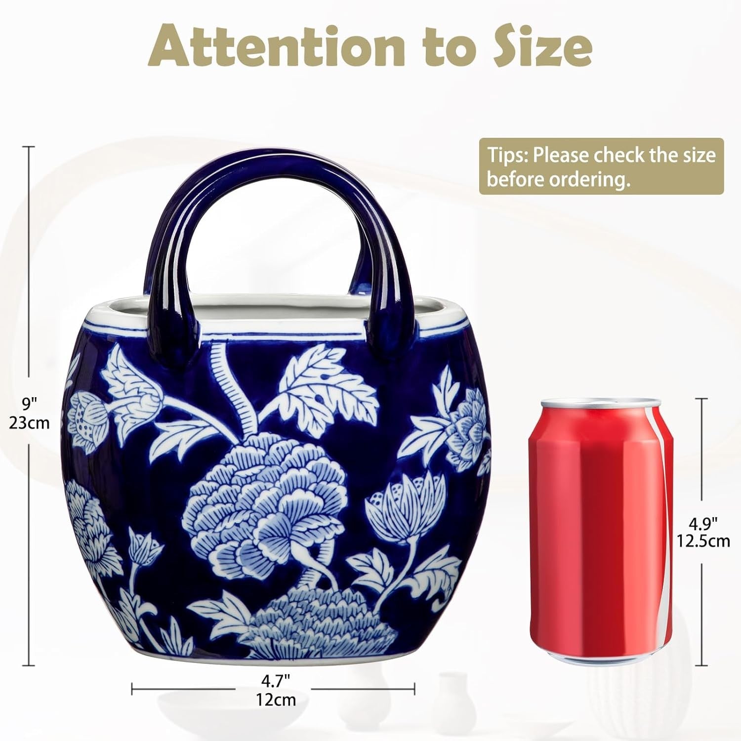 Blue White Ceramic Flower Vase Handbag Style Chinoiserie Table Decor 23cm