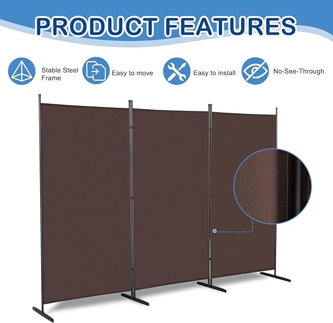 Brown 3 Panel Room Divider 6FT Folding Privacy Screen – Portable Partition Wall
