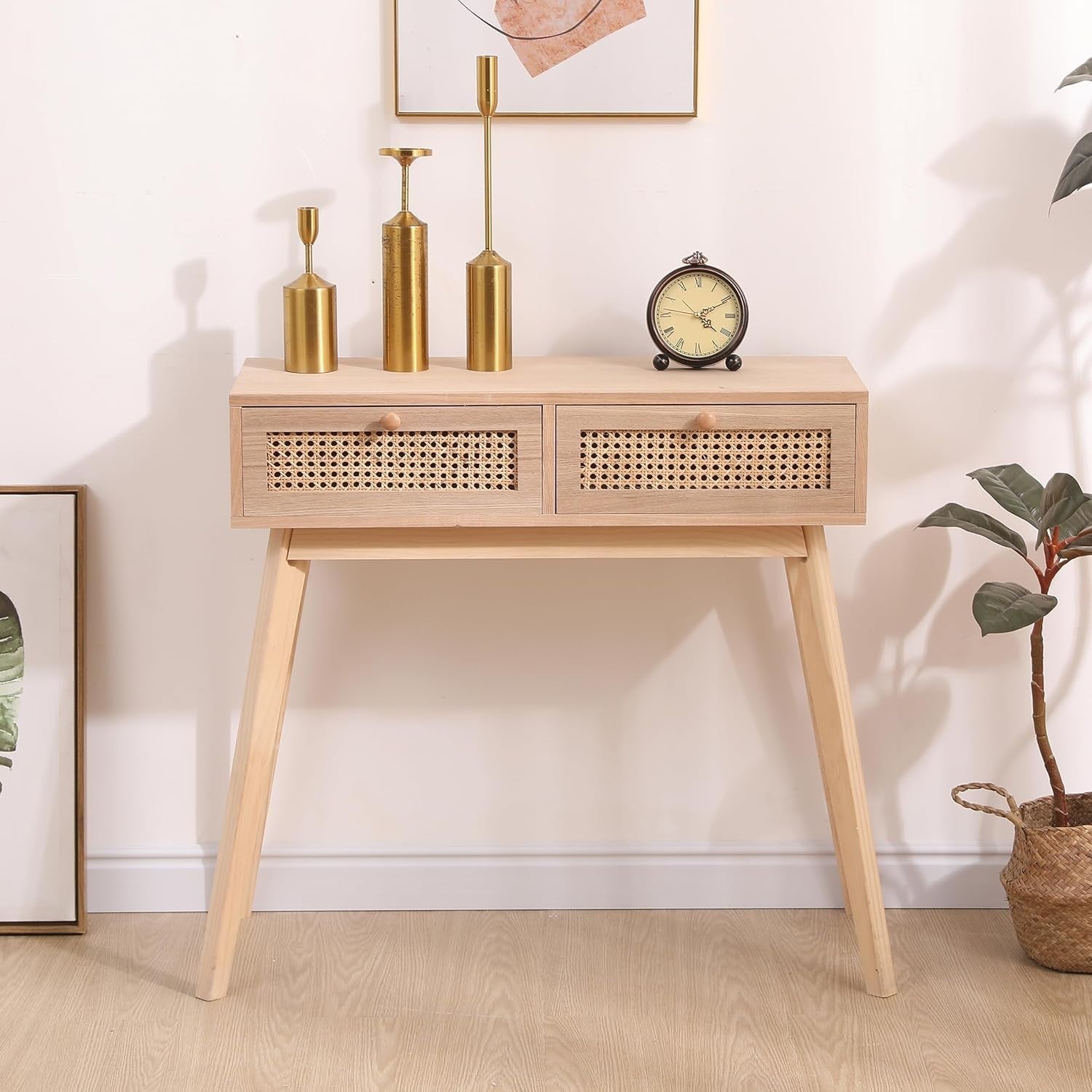 Modern Console Table with 2 Drawers, Rattan Storage, Pine Legs, Natural Wood Ton