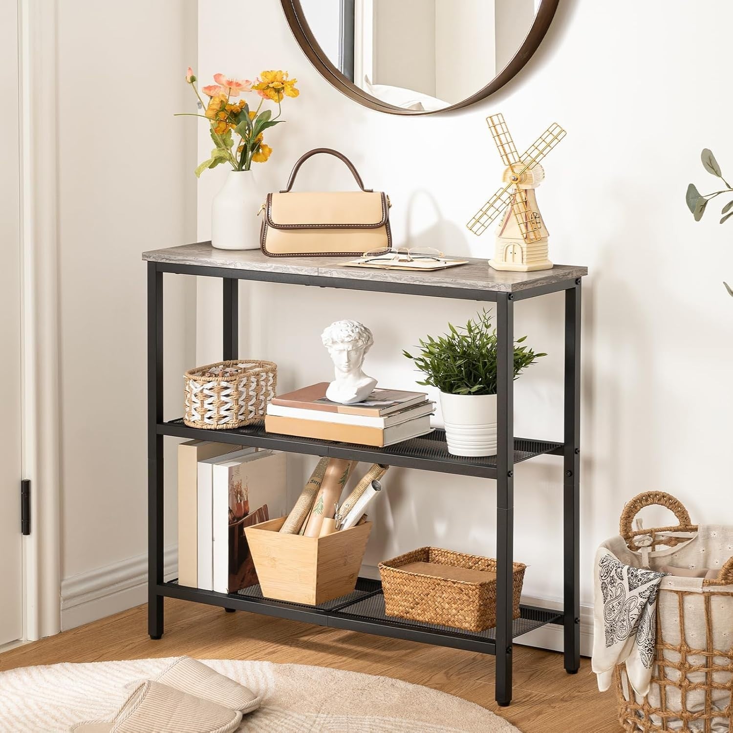 Slim 3-Tier Console Table 75cm Wide Storage Shelf Metal Frame for Small Spaces