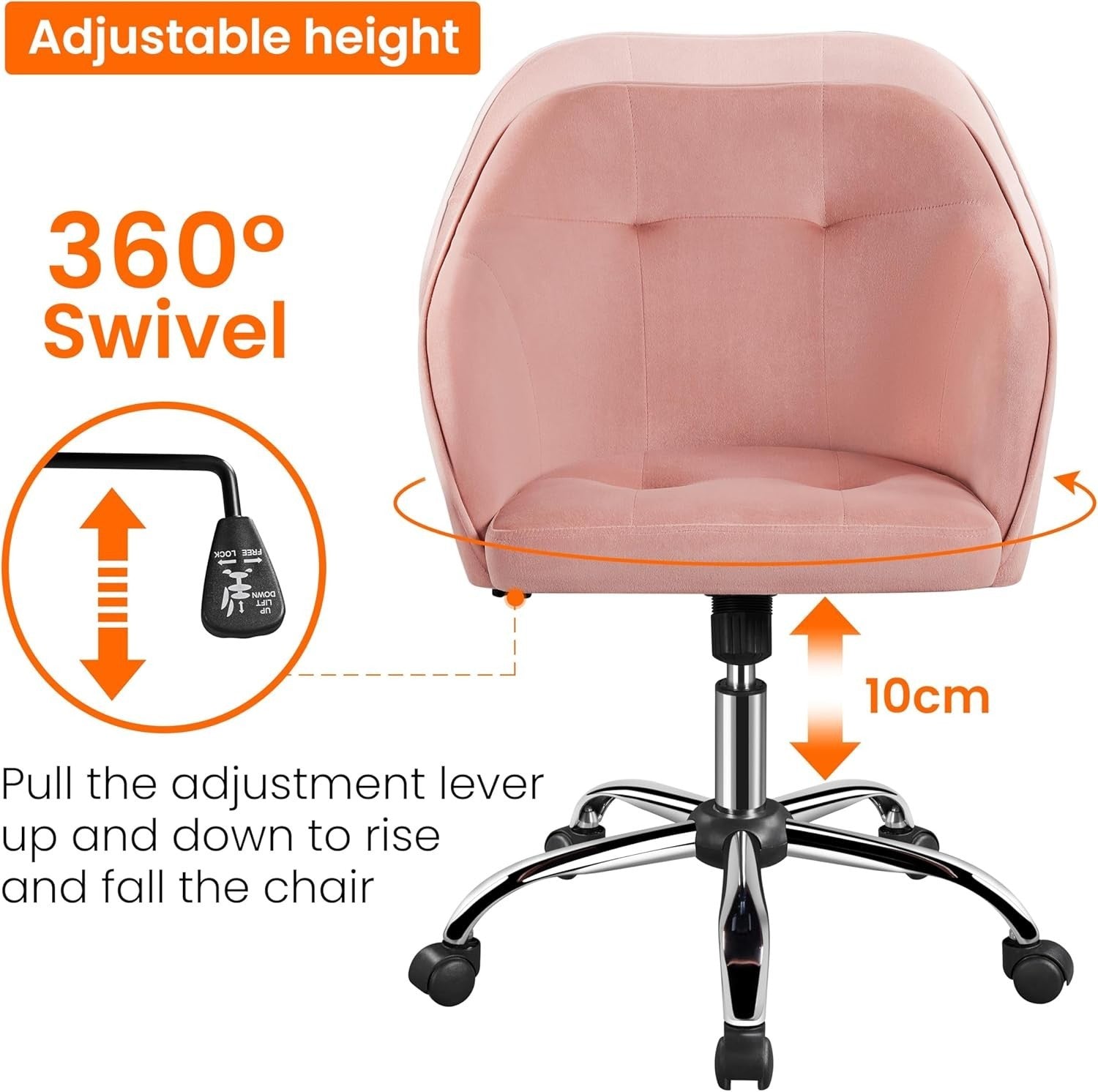 Pink Velvet Desk Chair Home Office Swivel Adjustable Height Back Support