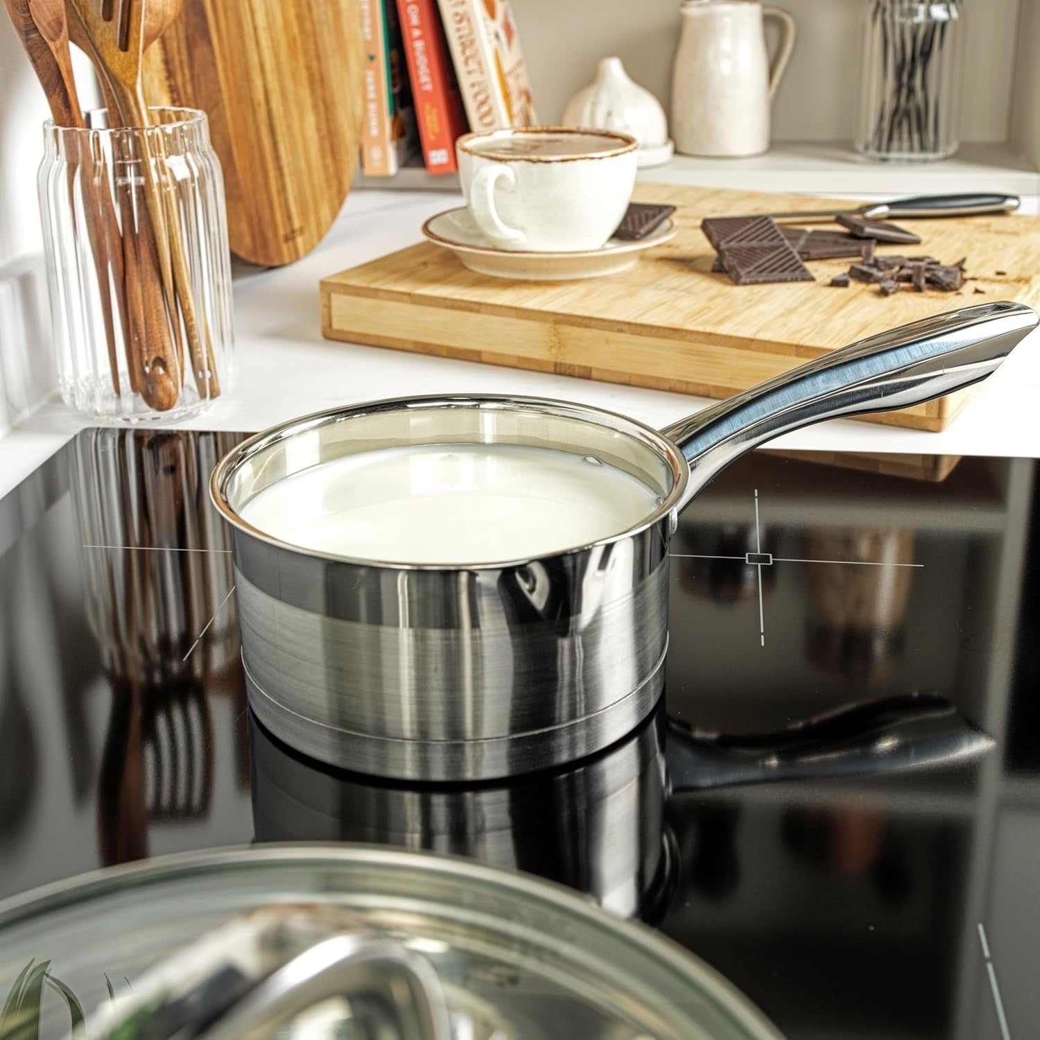 5pcs Stainless Steel Induction Saucepans and Frying Pan Set with Glass Lids