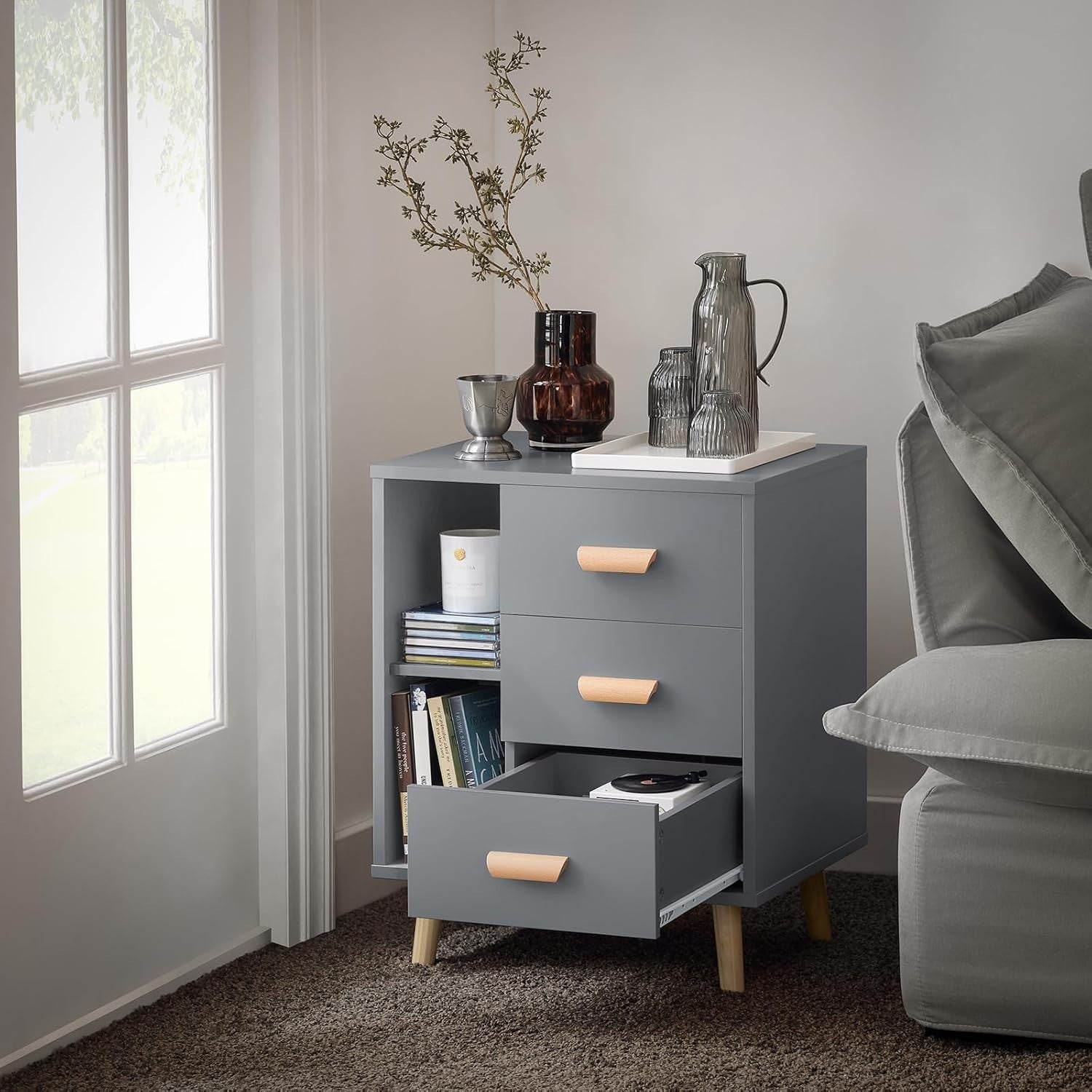 Modern Grey 3 Drawer Bedside Table with Shelves – Wooden Storage Cabinet