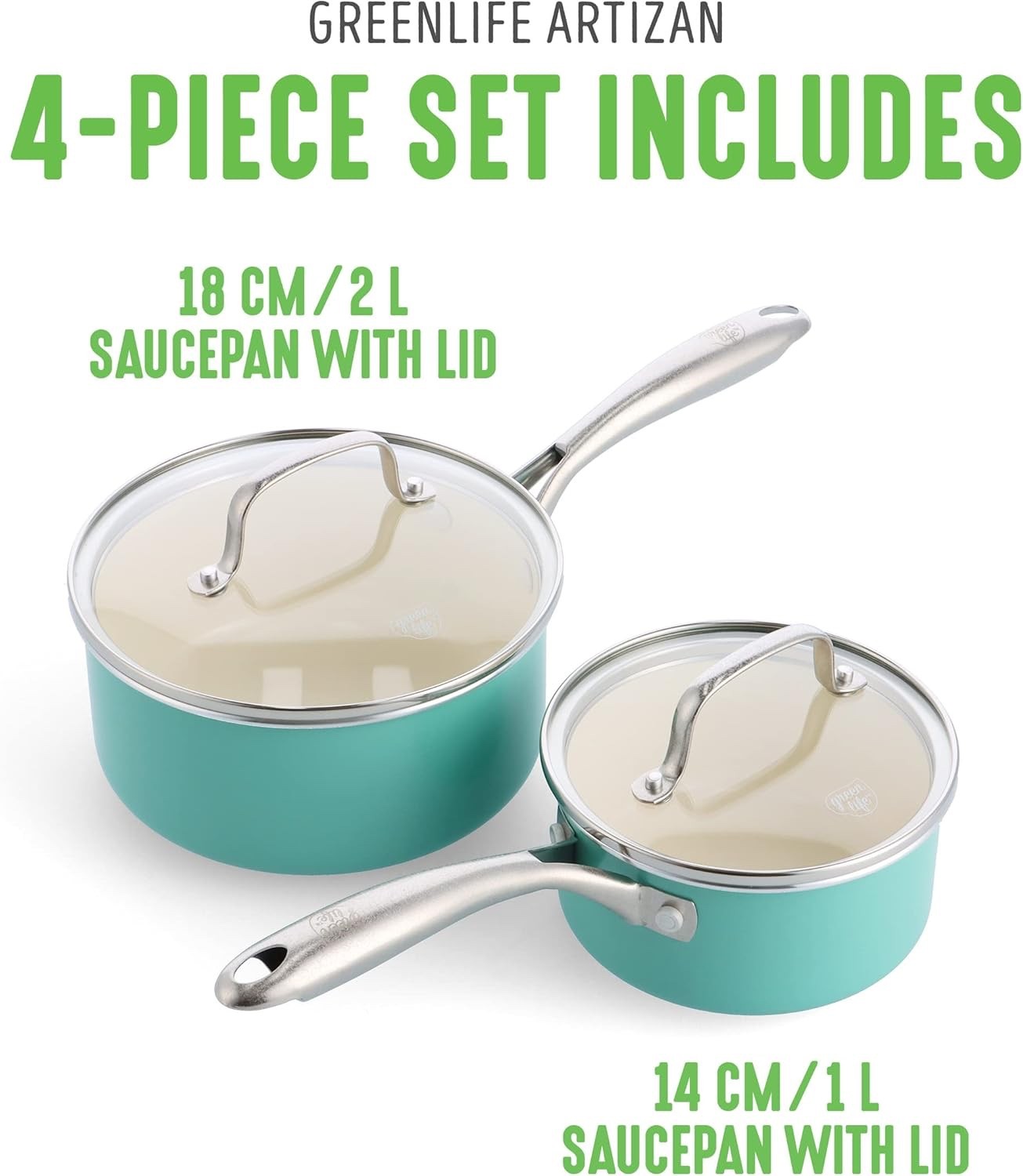 2Pcs Turquoise Ceramic Saucepan Set Non Stick 14cm 18cm With Lids Induction Safe