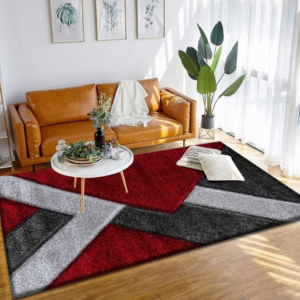 Red Grey Shaggy Rug 120x170cm Soft Non Shed Modern Living Room Carpet