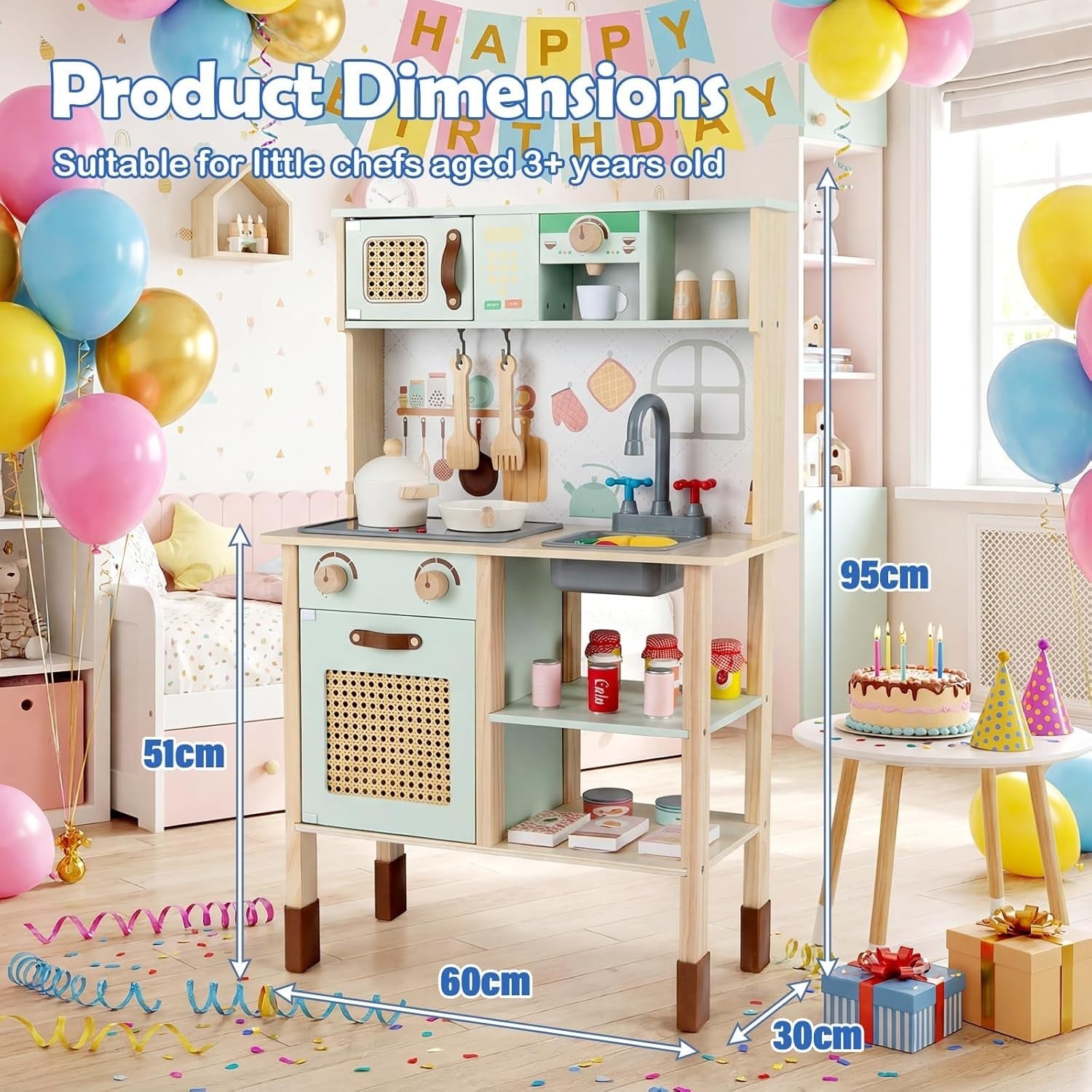 Wooden Kids Play Kitchen Green Toy Set Lights Sounds Blackboard