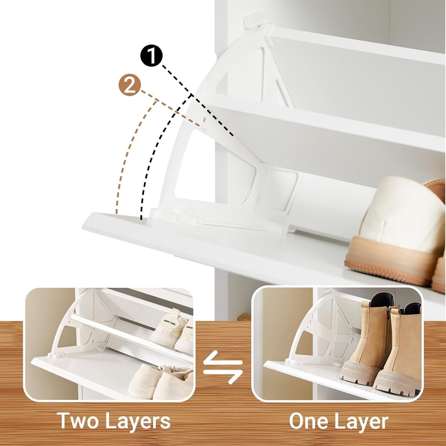White Slim Shoe Cabinet 3 Flip Drawers & Cupboard Adjustable Shelf 80x34x122cm