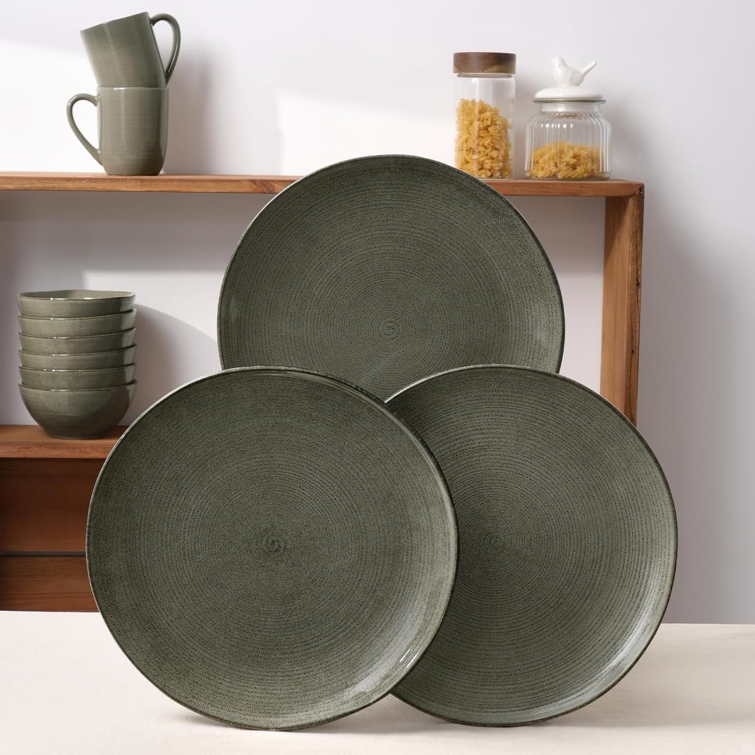 18pc Stoneware Dinnerware Set Plates Bowls Dark Olive Service for 6