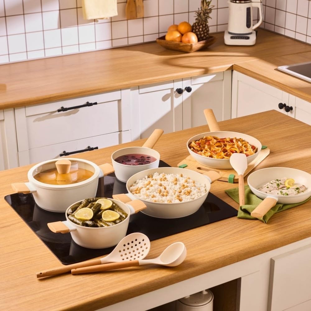 12Pcs Almond Cream Ceramic Non Stick Cookware Set with Lids & Utensils