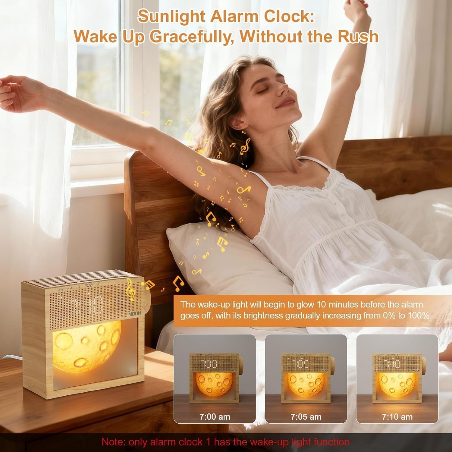 Sunrise Alarm Clock Wooden Wake Light Noise Machine Snooze Bedroom Lamp
