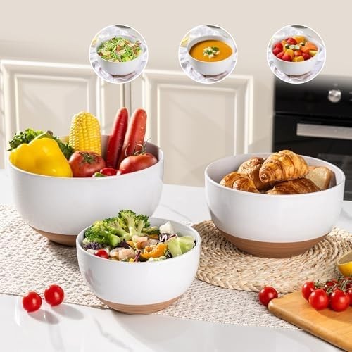3-Piece White Ceramic Mixing Bowls Set Nesting Microwave & Dishwasher Safe