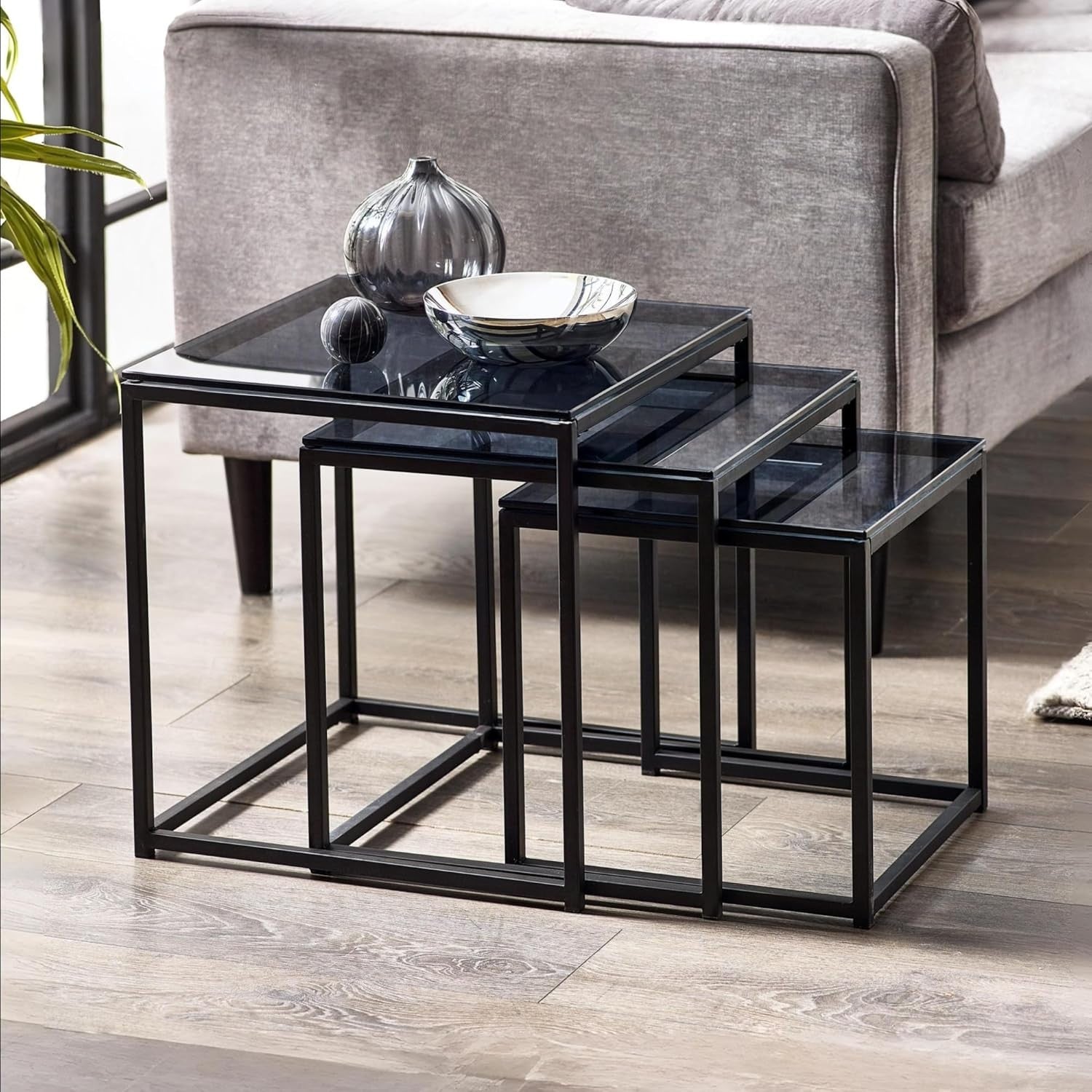 Contemporary Smoked Glass Nest of 3 Tables Set Coffee Side End Modern