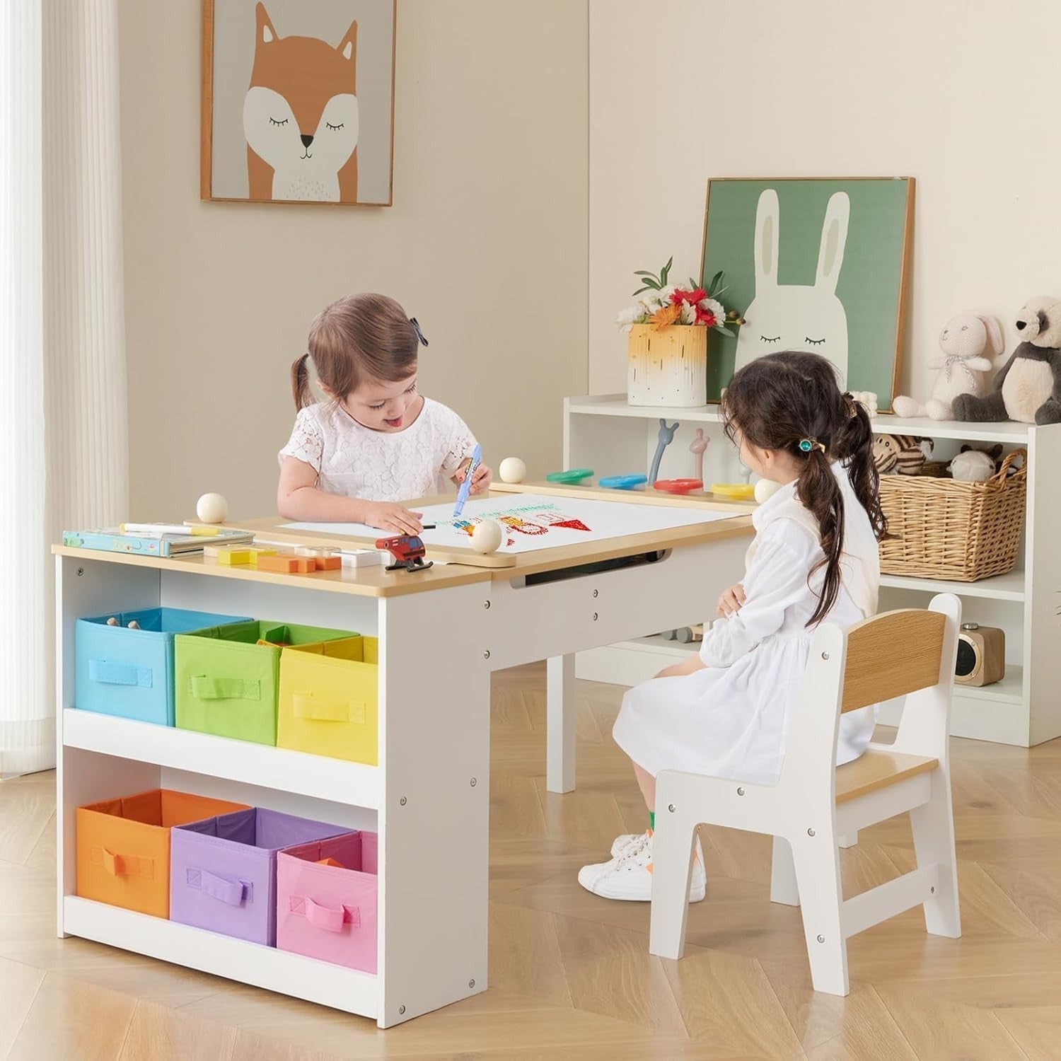 Kids 2-in-1 Art Table & Chair Set with Storage Bins, Paper Roll for Drawing