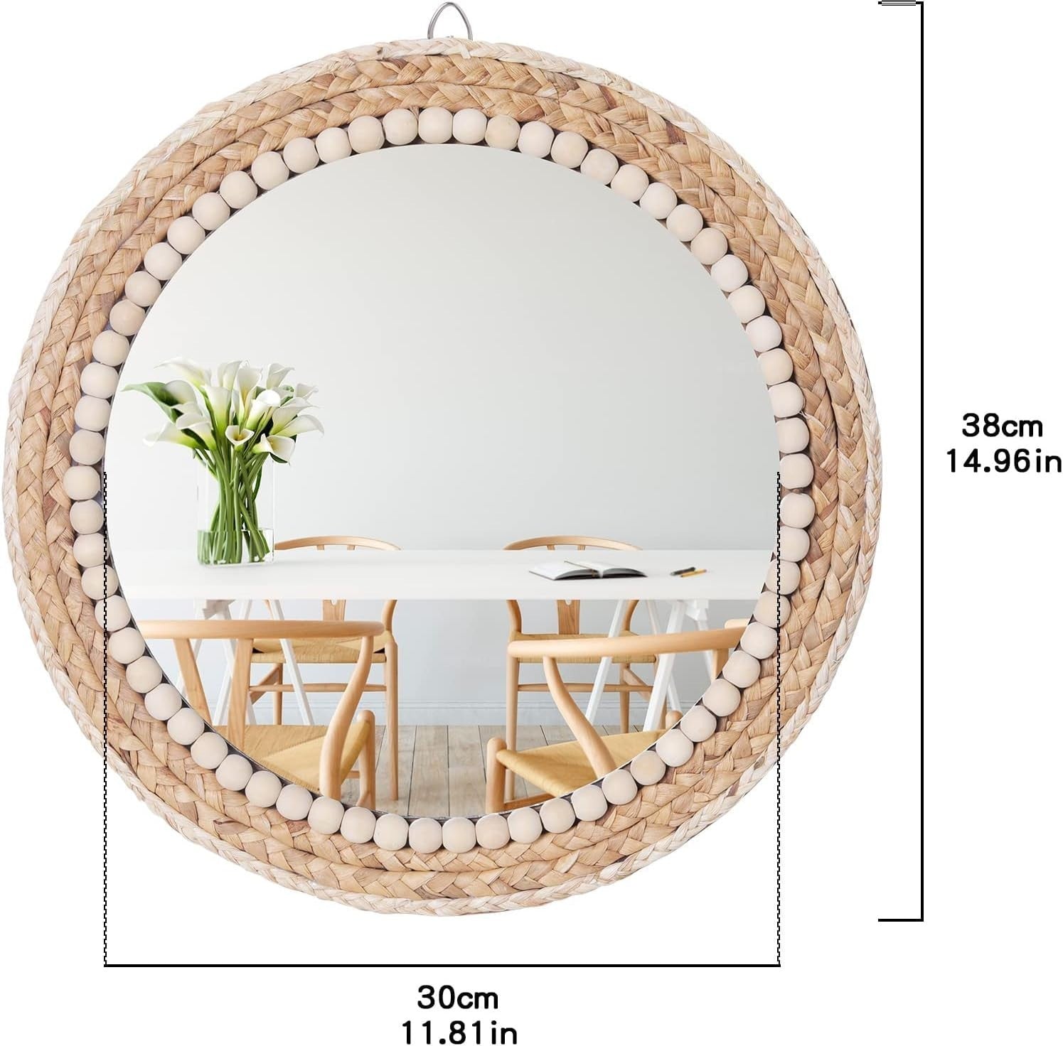 Boho Round Rattan Wall Mirror 38cm Hanging Bathroom Decor