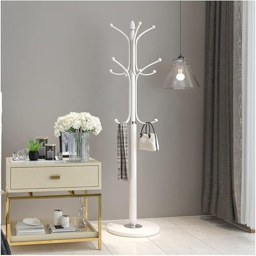 Modern White Metal Coat Rack Stand | Freestanding Hallway Tree with Hooks
