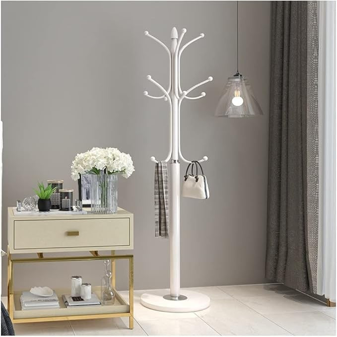 Modern White Metal Coat Rack Stand | Freestanding Hallway Tree with Hooks