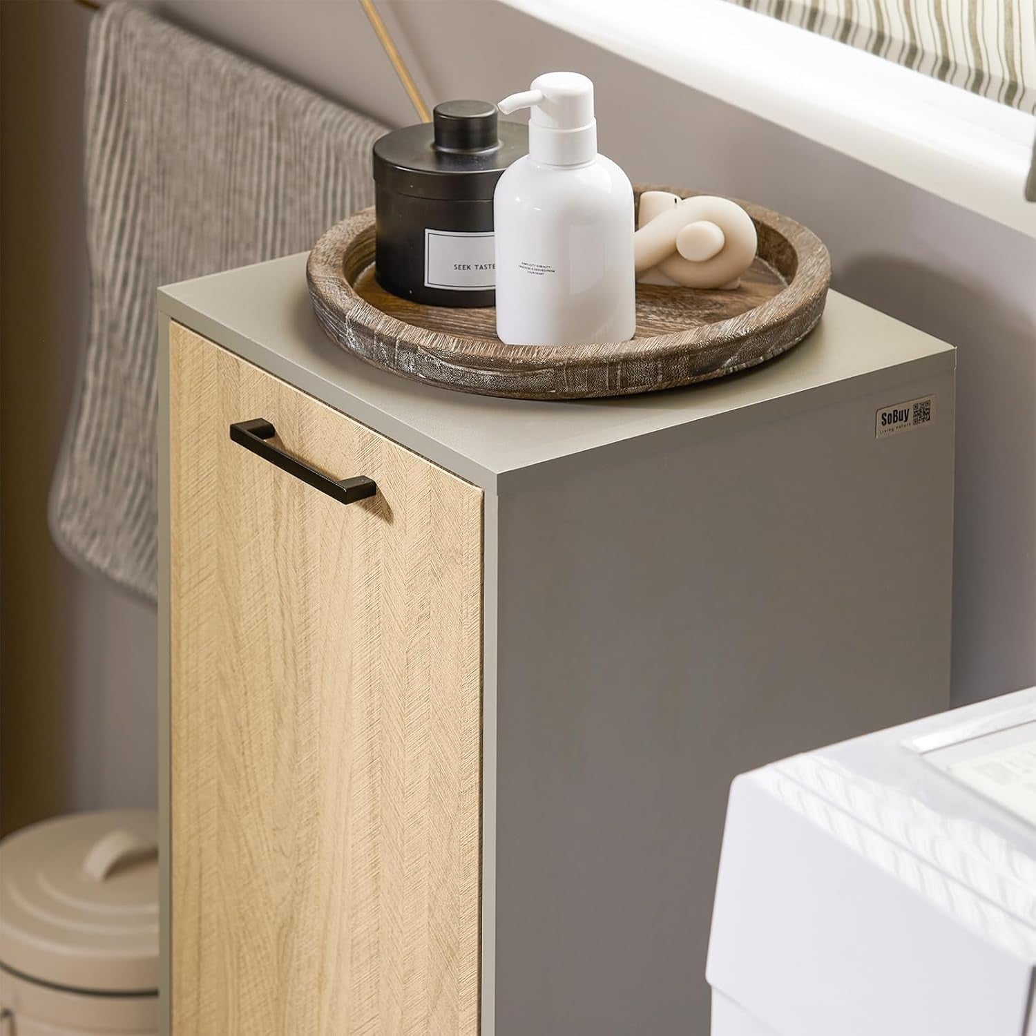 Slim Bathroom Laundry Cabinet with Fold Out Basket Wood Storage Unit Grey