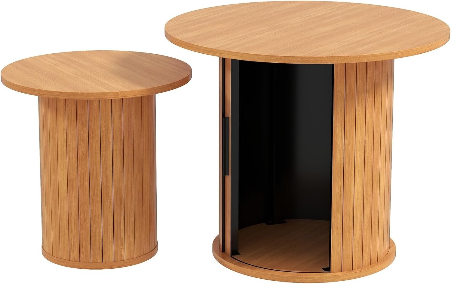 2-Piece 60cm Round Nesting Coffee Table Set with Hidden Storage, Natural Finish