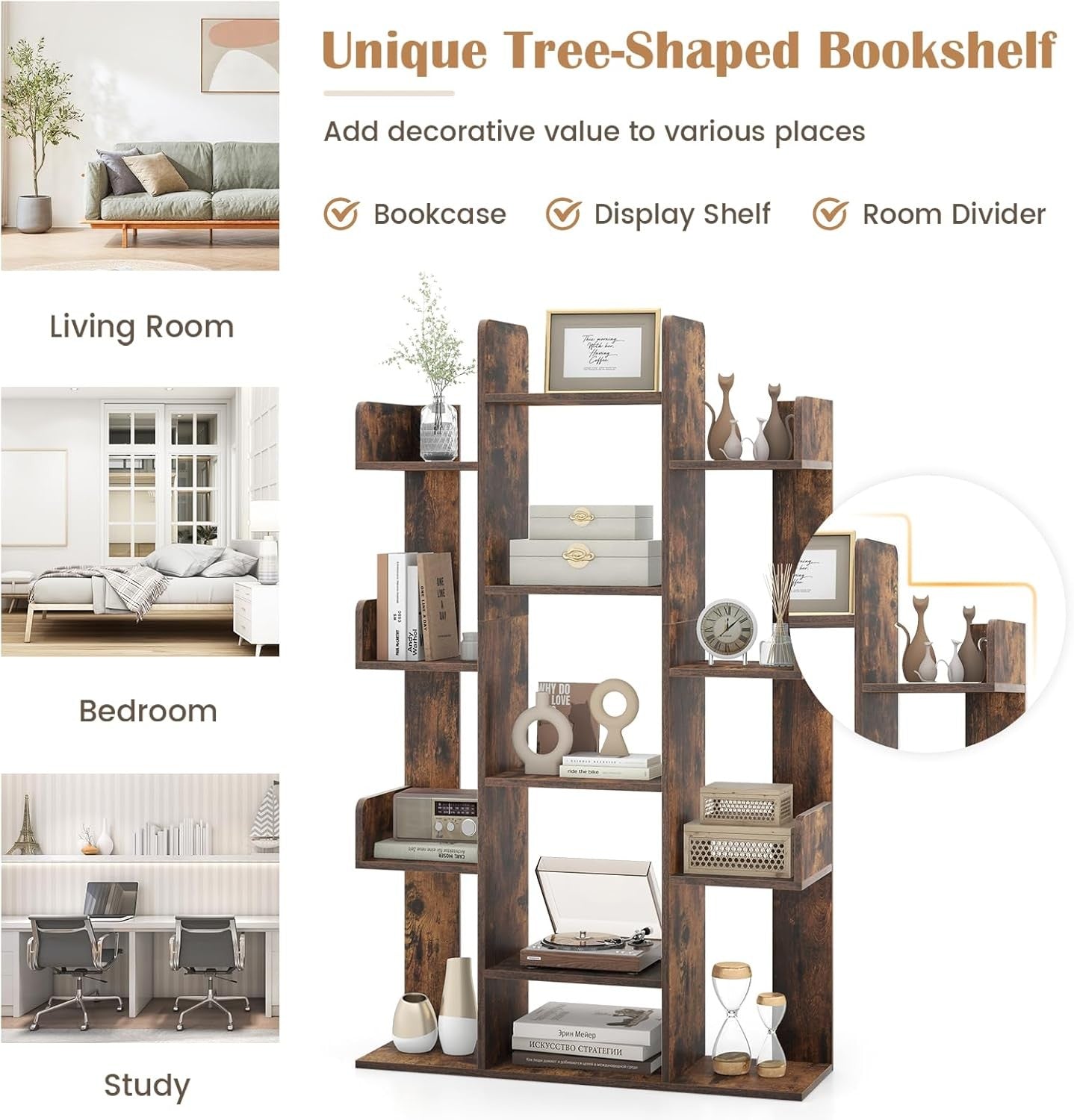 Tall Tree-Shaped Bookcase 13-Tier Wooden Shelf Unit Rustic Brown Storage Rack