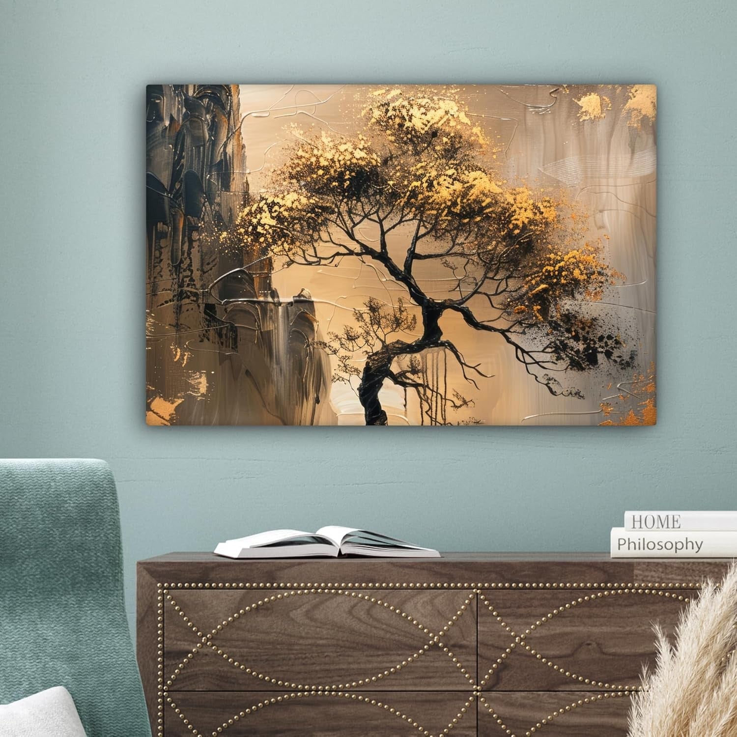 Gold Tree Canvas Wall Art Modern Abstract Nature Print 35x24 Living Room Decor