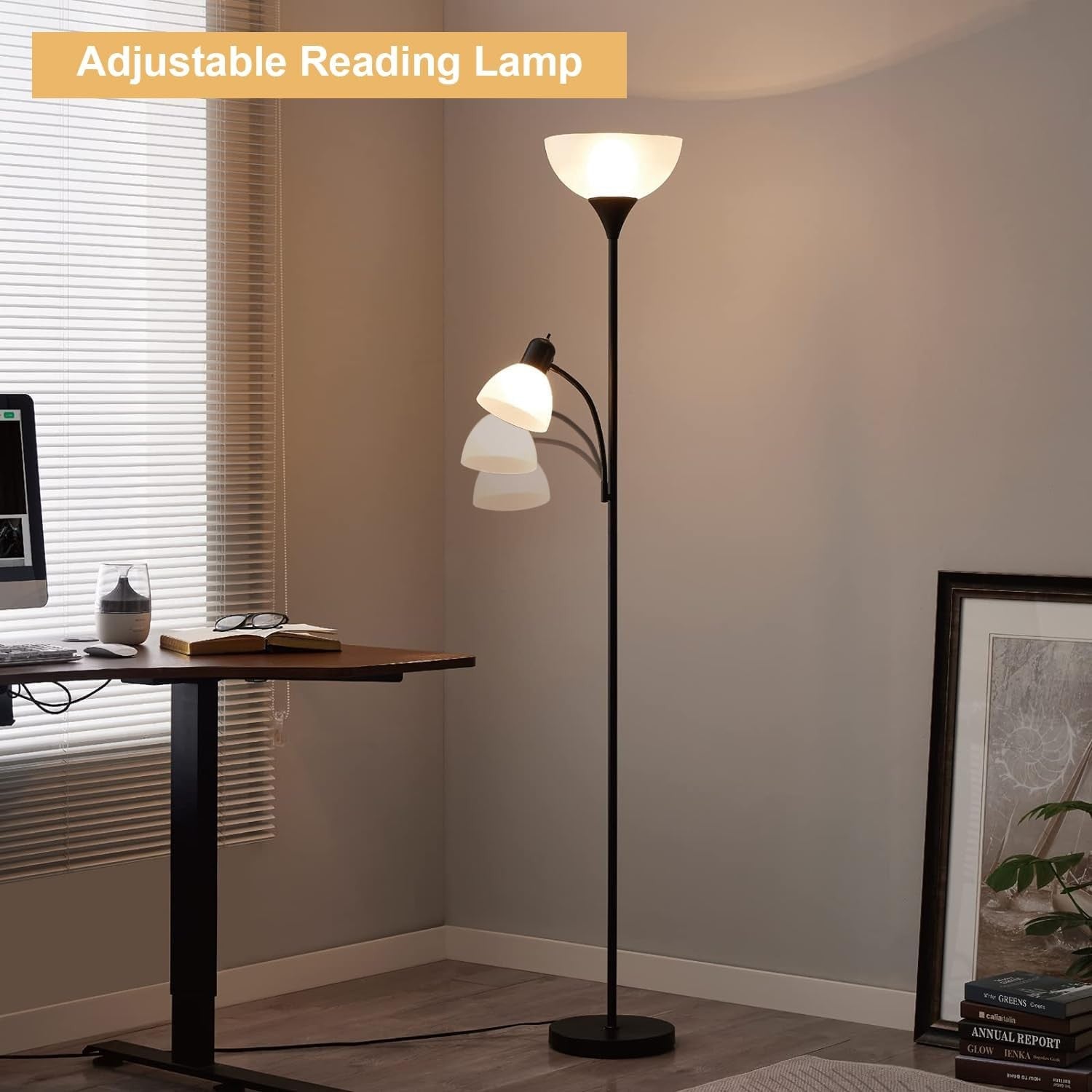 2 Head Floor Lamp with Reading Light Black White Shade Tall Standing Lamp 68"