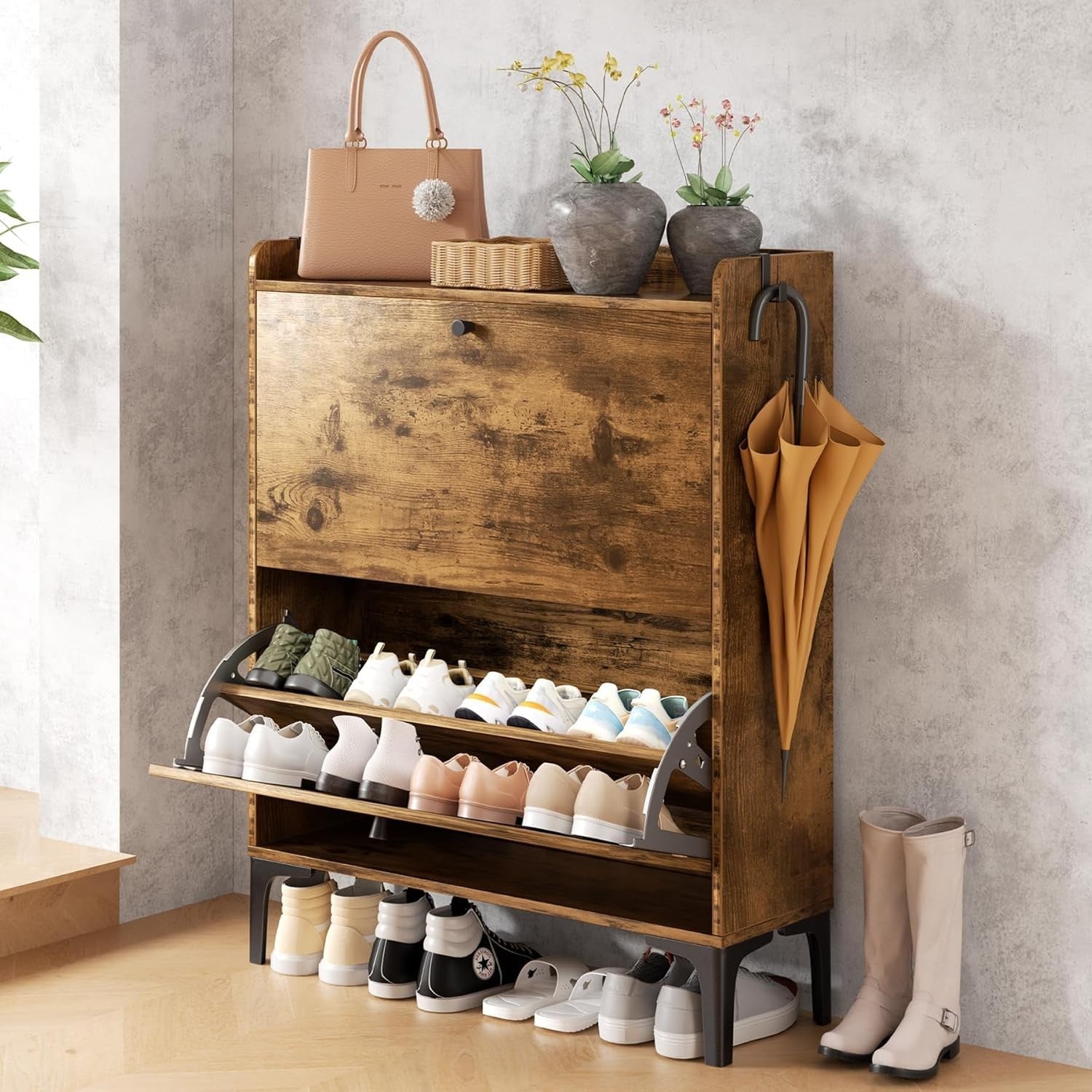 Rustic Brown 2 Drawer Shoe Cabinet with Adjustable Dividers & Flip Storage.