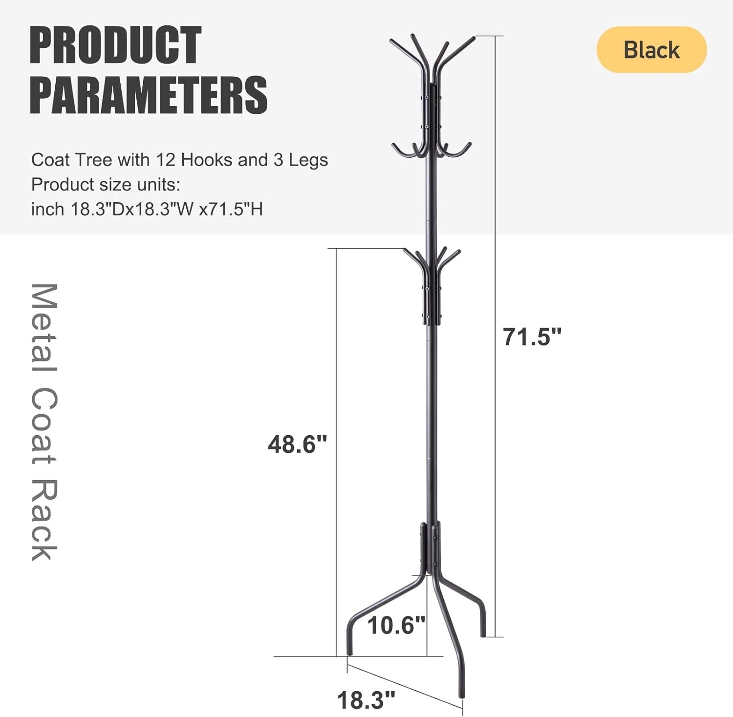 Black Metal Coat Rack Freestanding with 12 Hooks | Hat & Scarf Organizer