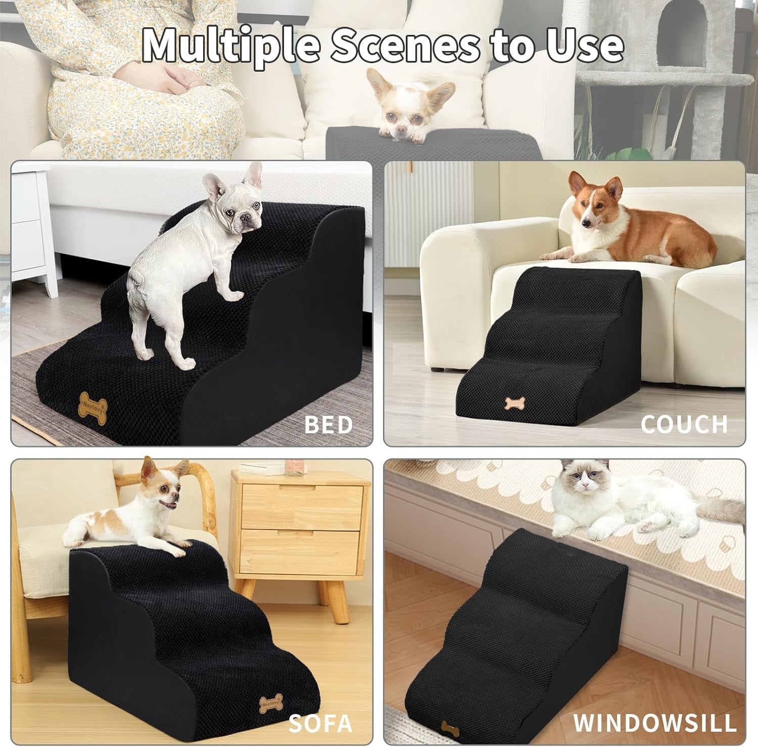 3-Step Dog Stairs Non-Slip Pet Ramp for Small Dogs Cats Black