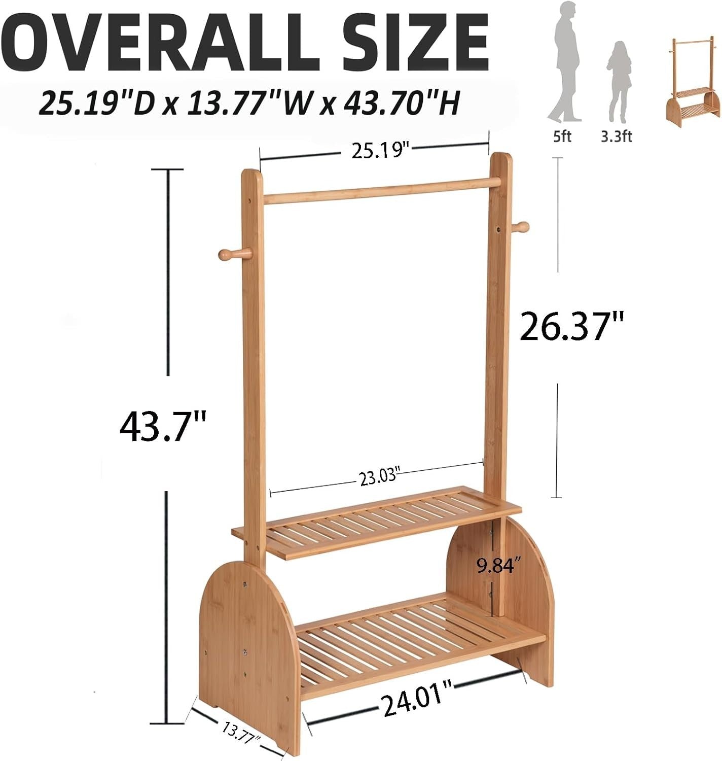 Kids Bamboo Clothing Rack with Adjustable Rods , Free-Standing Wardrobe