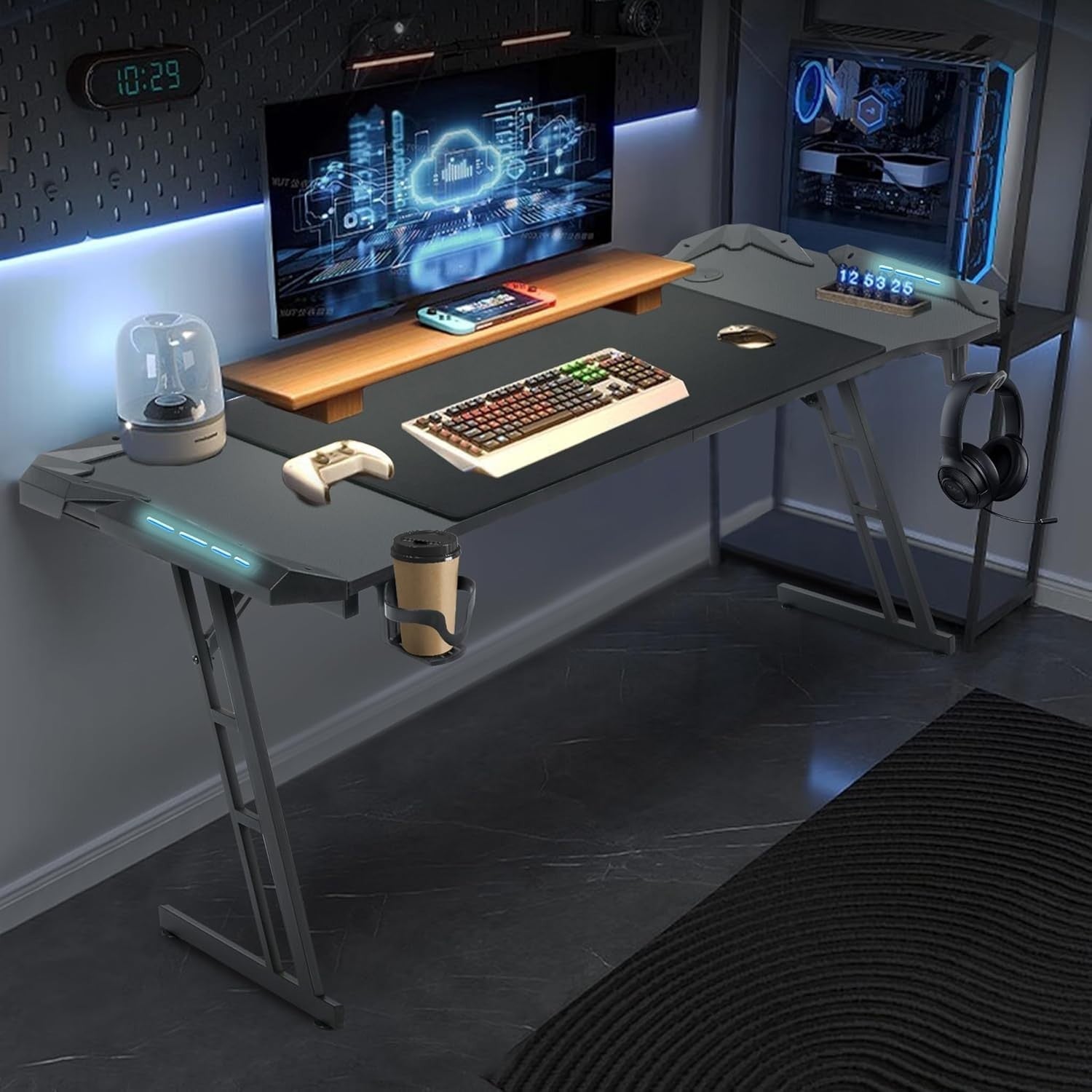 Gaming Desk w/LED 140×60cm Carbon Fiber Computer Table, Black Z-Frame