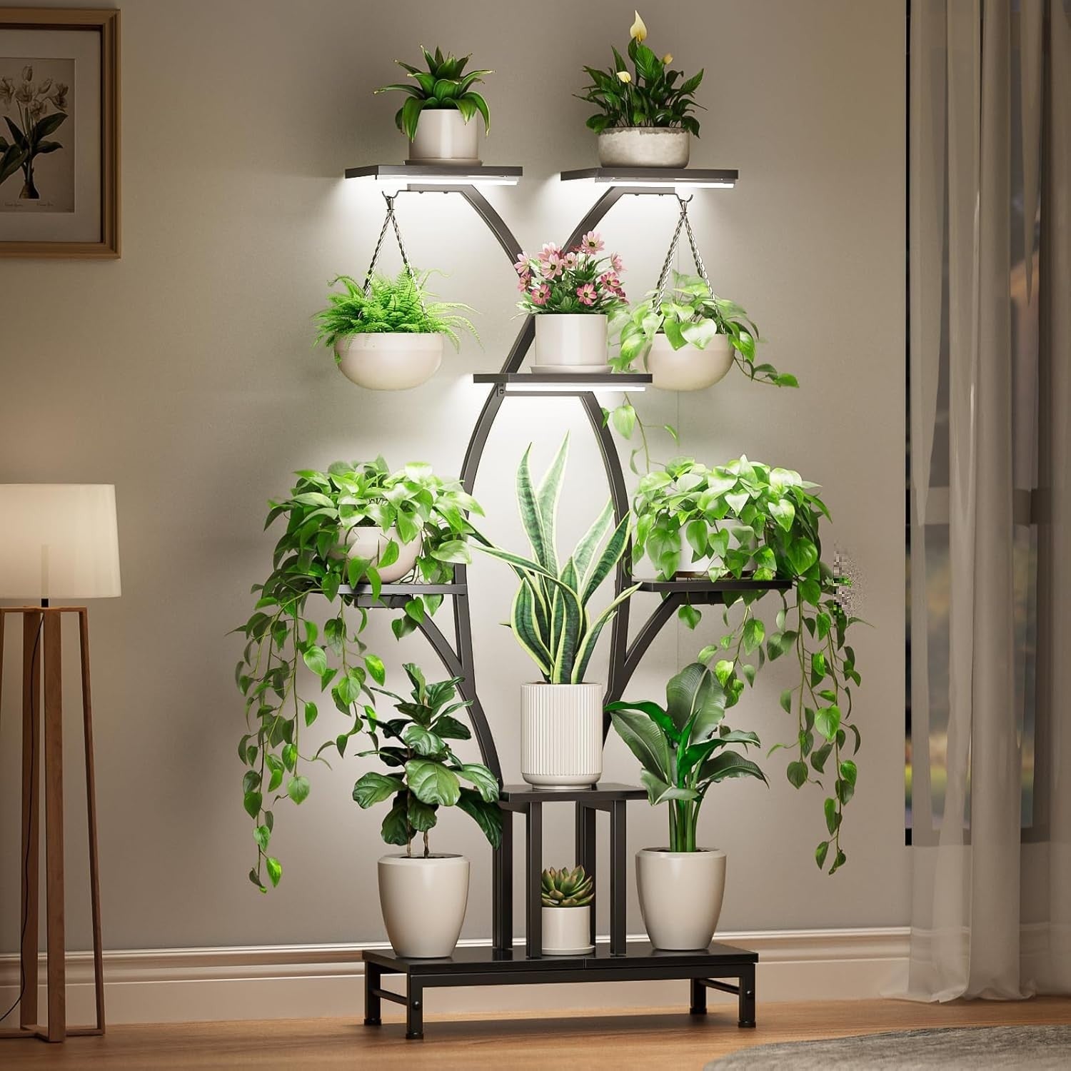 Tall Plant Stand with Grow Lights, Metal Indoor Flower Shelf for Home & Patio