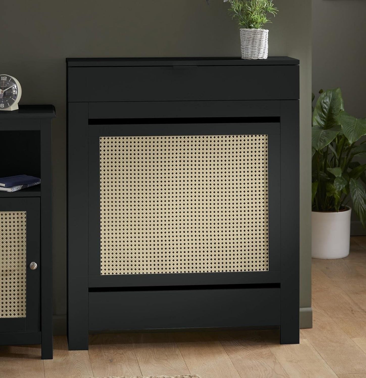 Black Radiator Cover Cabinet with Rattan Panels Storage Shelf & Drawers