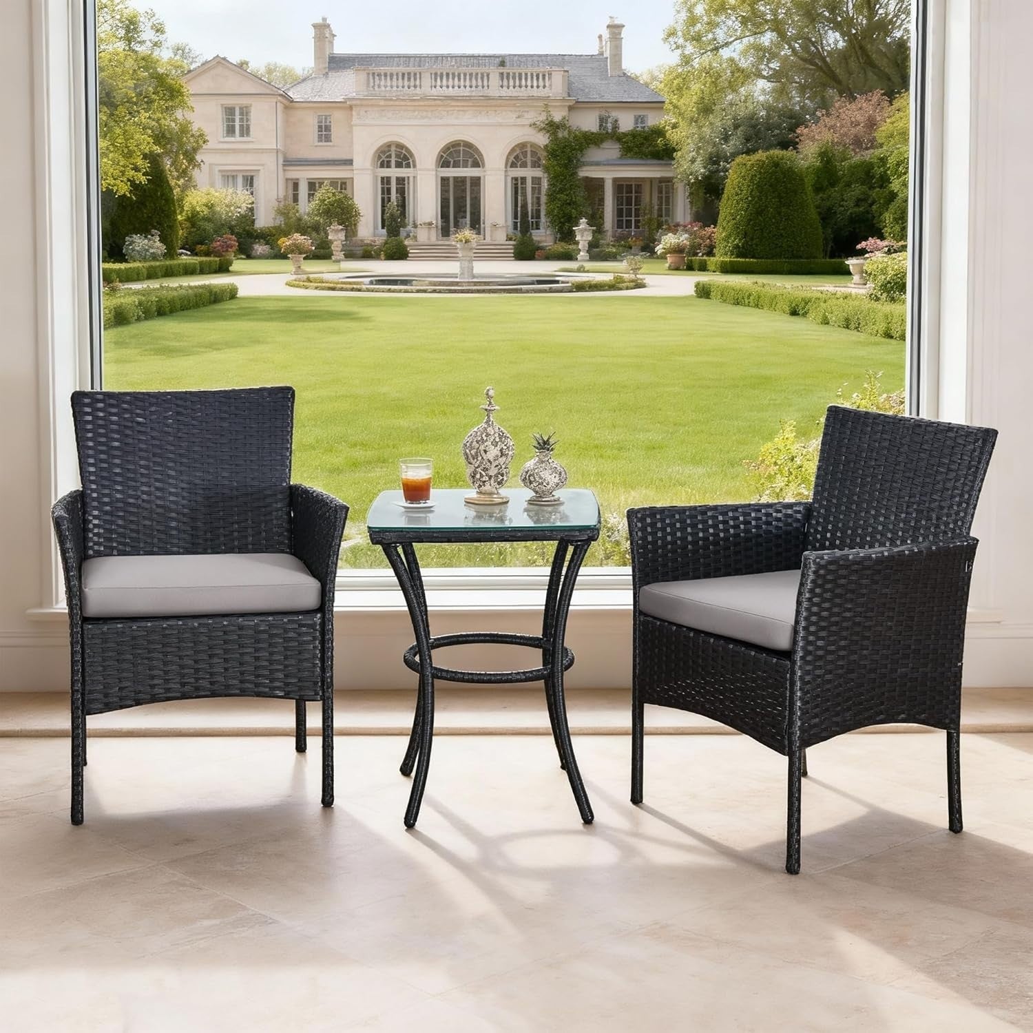 3pc Rattan Bistro Set Balcony Garden Chairs Glass Table Patio Outdoor Seating