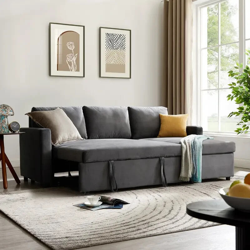 Grey Velvet 3 Seater Sofa Bed Reversible Chaise Pull Out Couch w/ Storage