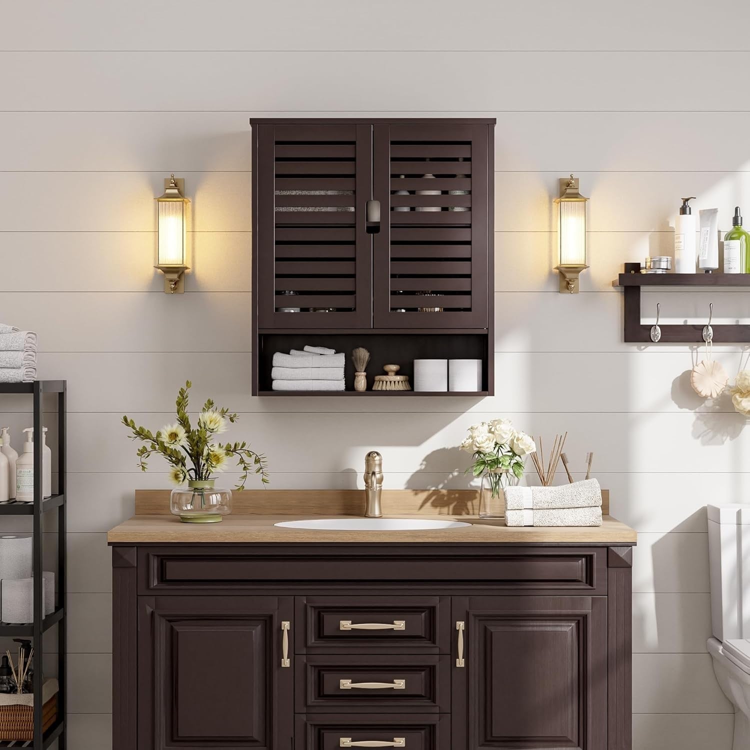 Brown Bathroom Wall Cabinet Storage – 2 Doors, Adjustable Shelves, Over Toilet