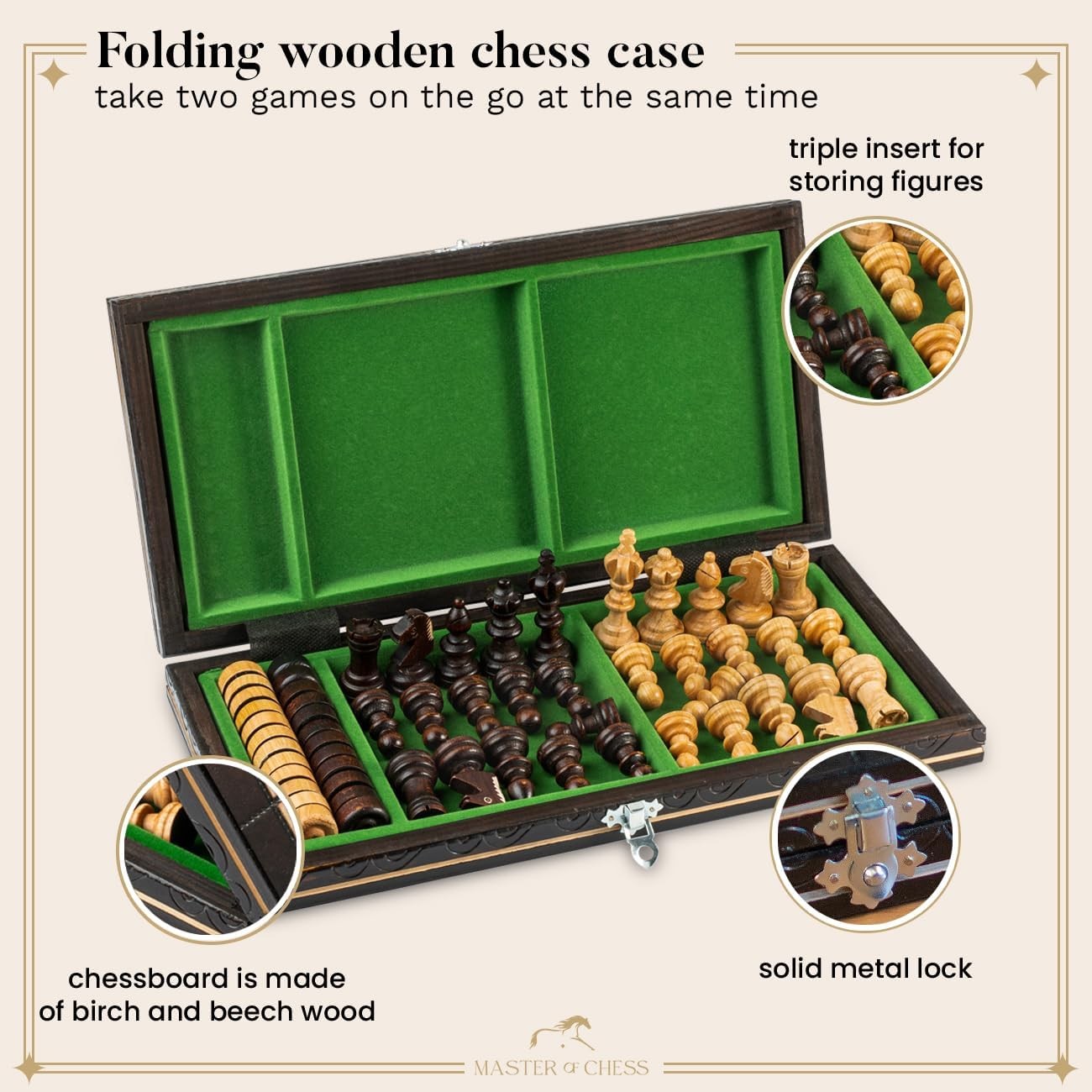 2in1 Cherry Wood Chess & Checkers Set 35cm | Foldable Board | Luxury Handmade