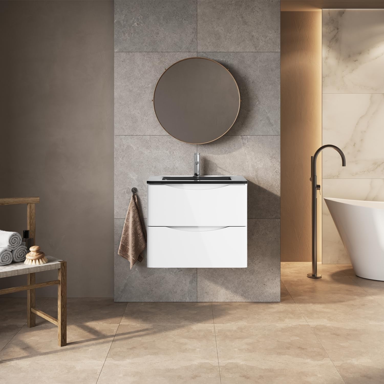 600mm Wall Hung Vanity Unit White Gloss with Grey Glass Basin Bathroom Storage